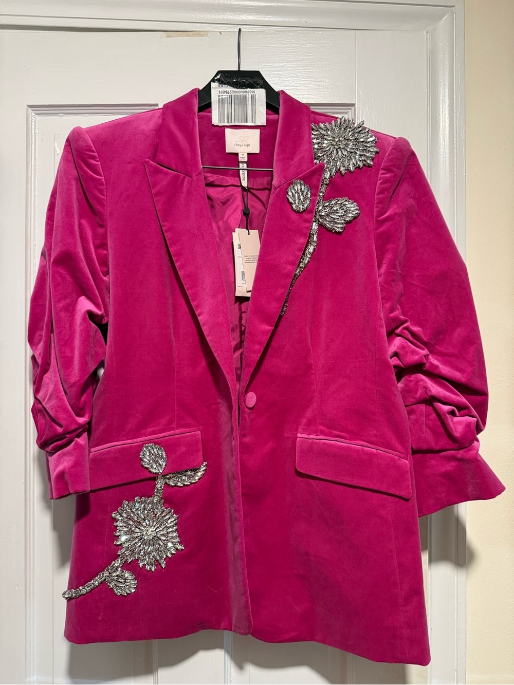 cinq a sept Hot Pink Velvet Embellished Blazer